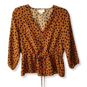 Women Anthro Everly Tan Black Peplum Top Blouse S Modern Office Career Fall NEW